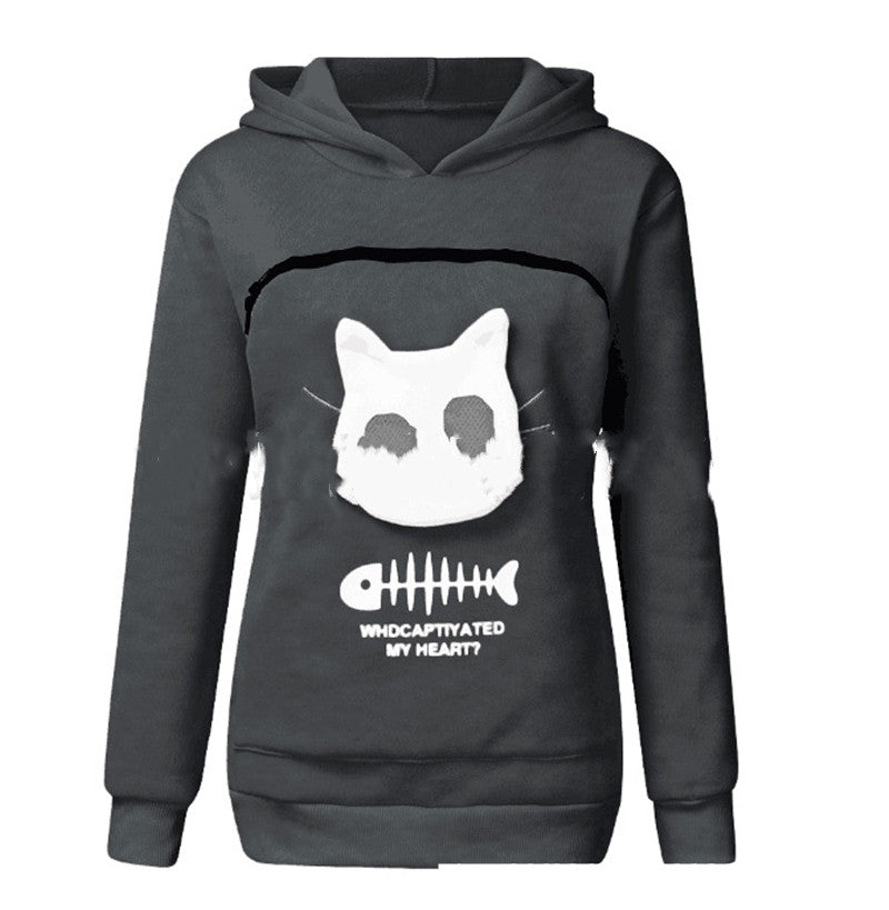 Women Hoodie Sweatshirt With Cat Pet Pocket Design Long Sleeve Sweater Cat Outfit - One Red Hill